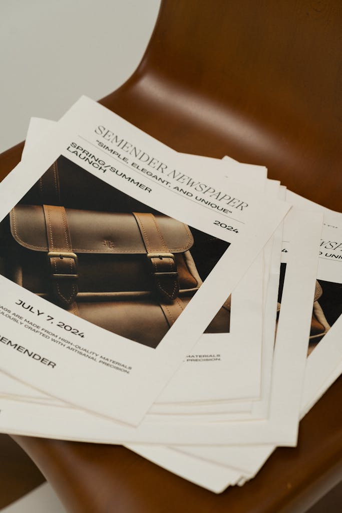 Florissant Newspaper showcasing leather bag advertisement on a chair.