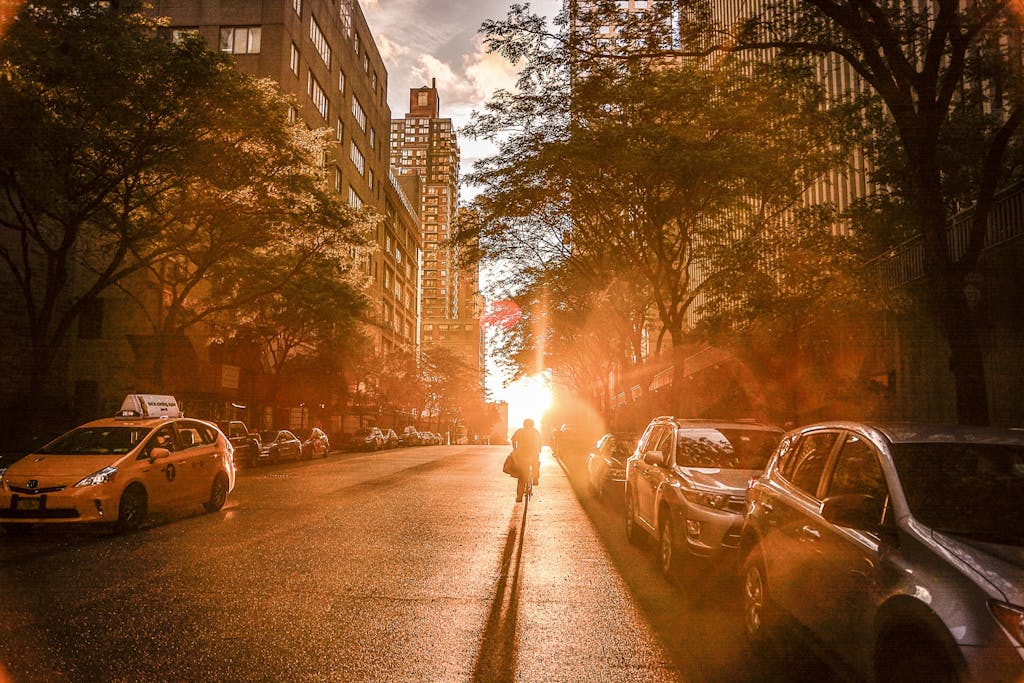 NerweySilhouette of a cyclist during sunset on a New York City street with urban buildings and cars.