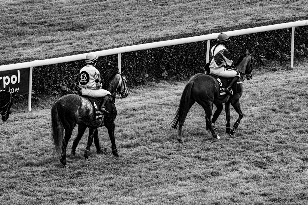 BK Horse A black and white photo capturing horse racing in Wrocław, Poland, with jockeys riding on the track.