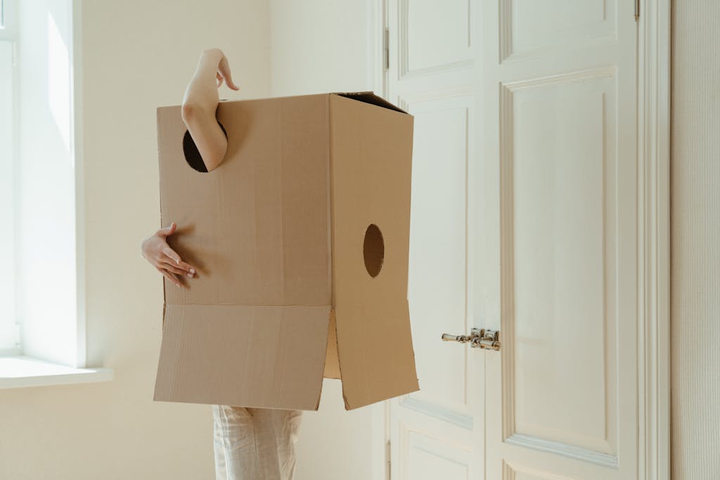 Pappedeckel A person playfully poses inside a large cardboard box in a brightly lit room.