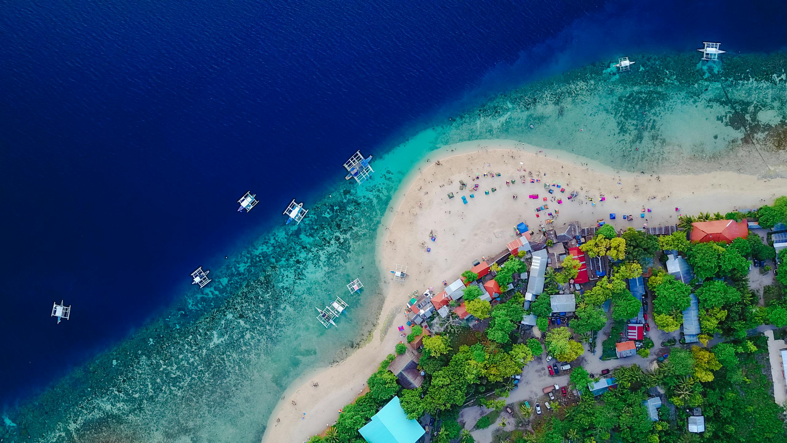 Cevurı A stunning aerial view of Oslob Beach, Cebu, with vibrant blue waters and lush greenery.