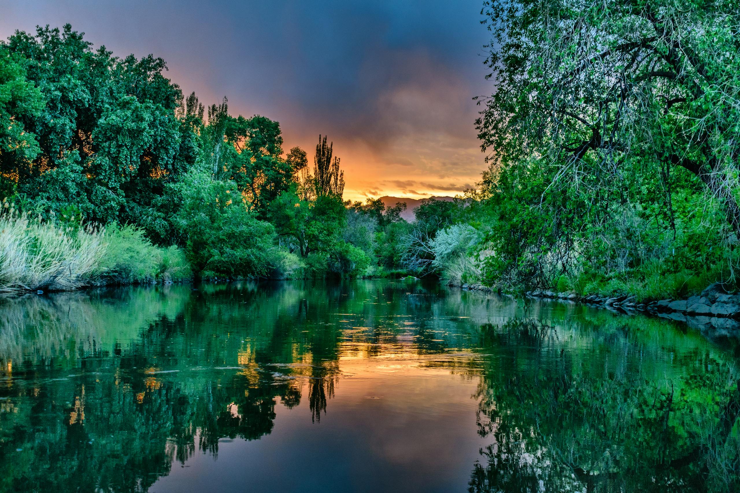 Xson208 A tranquil river scene in Taylorsville, UT, showcasing lush greenery against a vibrant sunset sky.