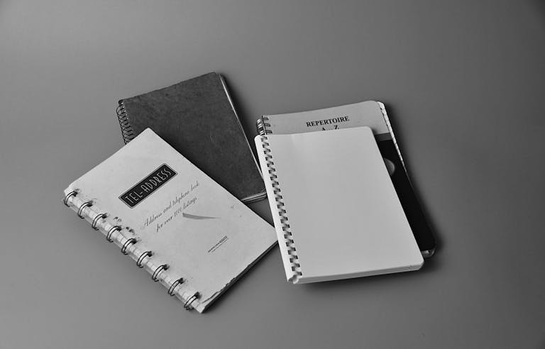 JournalsNewsInfo Black and white photo showing spiral notebooks with cover texts in a flat lay setup.