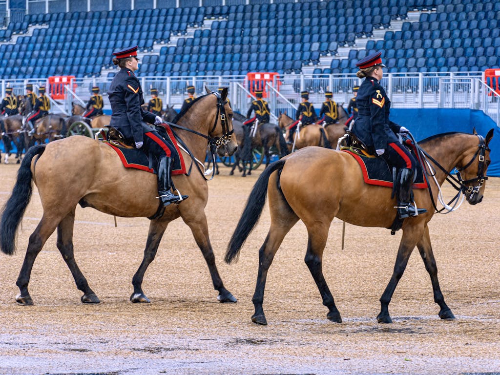 BK Horse British ceremonial cavalry with riders on horseback at the Horse Guards Parade, London, UK.