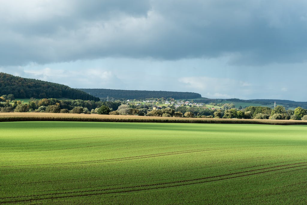 i Square – Lenovo Ex Lush green fields under a cloudy sky in the rural landscape of Höxter, NRW, Germany.