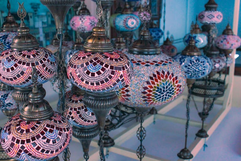Turkish Lamp: A Timeless Symbol of Art, Culture, and Light Ornate Turkish mosaic lamps displayed in a store in Eskişehir, Türkiye.