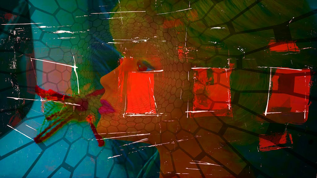 Virtual Meeting Vibrant abstract artwork featuring a colorful, expressionistic portrait with geometric patterns.