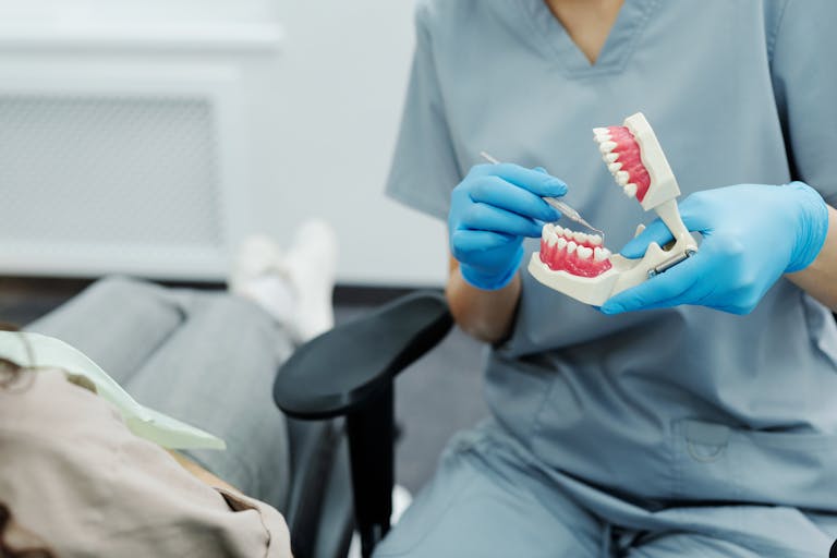 Dental Software News Today A dentist in scrubs and gloves uses a teeth model to demonstrate dental care to a patient.