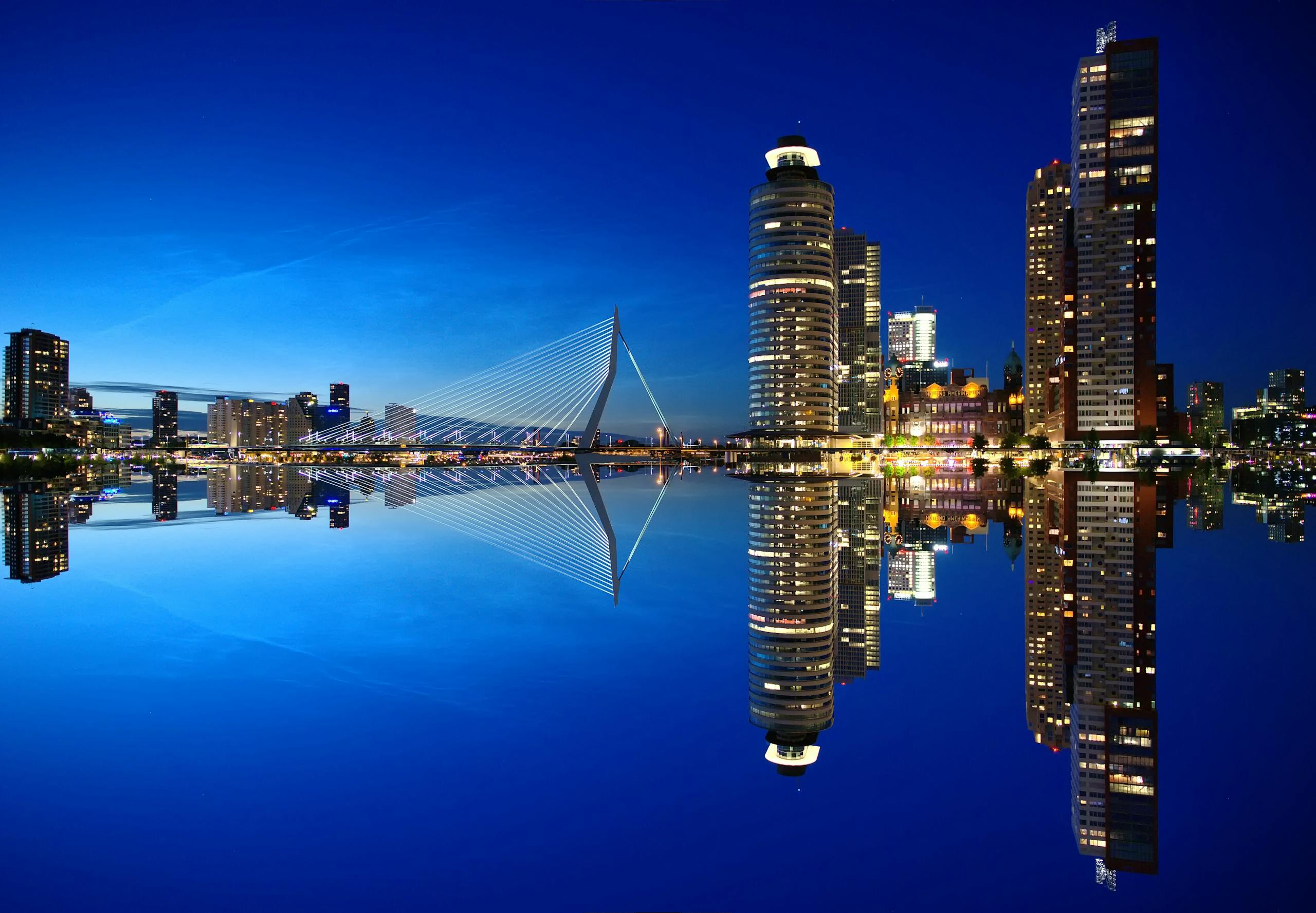 FintechAsia Beautiful night view of Rotterdam skyline with illuminated buildings and Erasmus Bridge reflection.